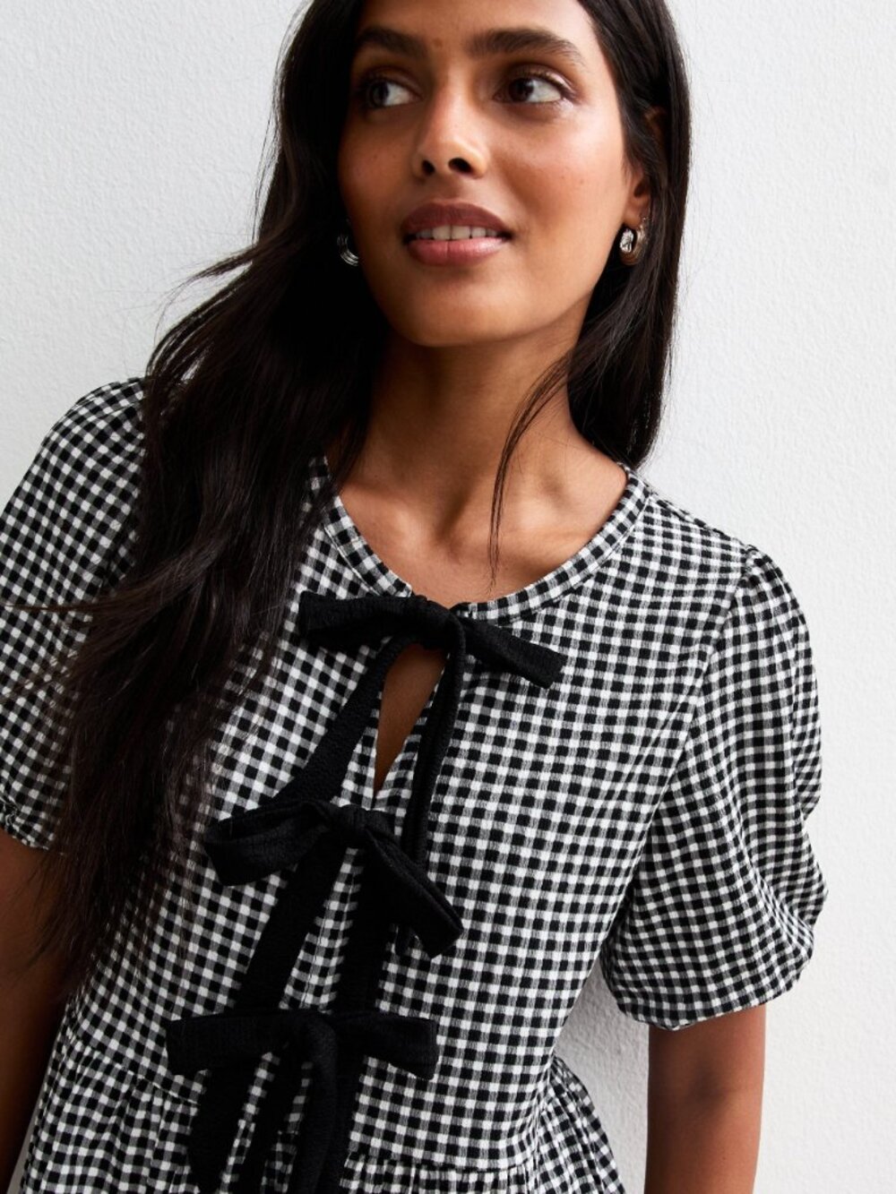 Black Gingham Print Bow Front Short Sleeve